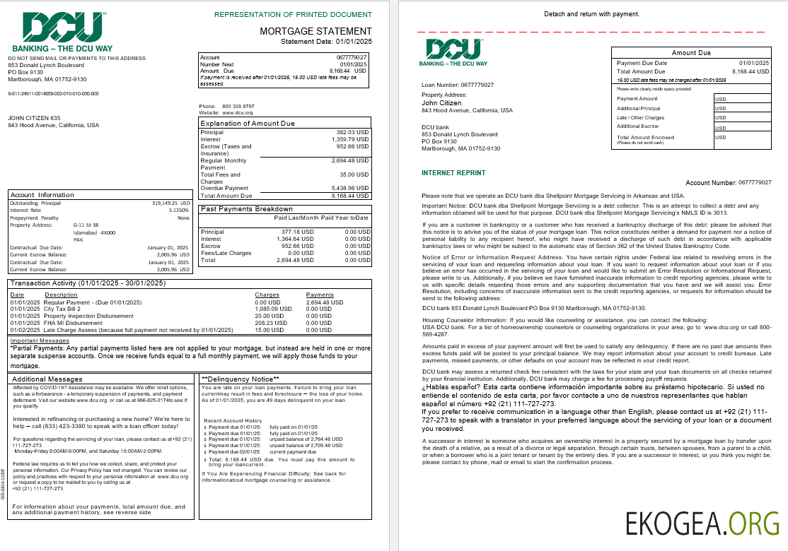 États , Unis Massachusetts Digital Federal Credit Union (DCU) relevé d'hypothèque bancaire aux formats Word et PDF, 3 pages 1 , 2